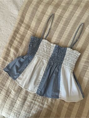 American Eagle Outfitters Blue and White Striped Smocked Peplum Cami